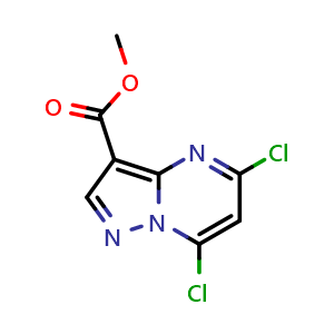 Chemical structure of methyl 5,7-dichloropyrazolo[1,5-a]pyrimidine-3-carboxylate , CAS 1053656-37-3, AChemBlock S83672