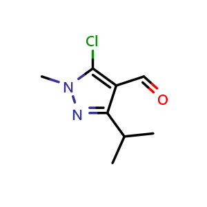 Chemical structure of 5-chloro-1-methyl-3-(propan-2-yl)-1H-pyrazole-4-carbaldehyde , CAS 1043918-77-9, AChemBlock S83742