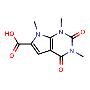 Chemical structure of 1,3,7-trimethyl-2,4-dioxo-1H,2H,3H,4H,7H-pyrrolo[2,3-d]pyrimidine-6-carboxylic acid , CAS 1038300-16-1, AChemBlock S83803
