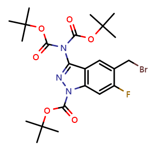 Chemical structure of tert-butyl 3-{bis[(tert-butoxy)carbonyl]amino}-5-(bromomethyl)-6-fluoro-1H-indazole-1-carboxylate , CAS 1037207-03-6, AChemBlock S83826