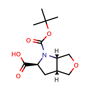 Chemical structure of (2S,3aR,6aS)-1-tert-butoxycarbonyl-2,3,3a,4,6,6a-hexahydrofuro[3,4-b]pyrrole-2-carboxylic acid , CAS 1033714-18-9, AChemBlock S83851