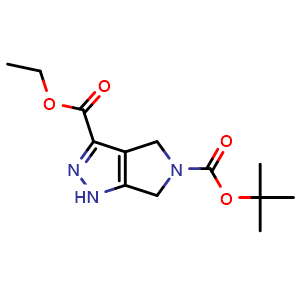 Chemical structure of 5-tert-butyl 3-ethyl 1H,4H,5H,6H-pyrrolo[3,4-c]pyrazole-3,5-dicarboxylate , CAS 1026853-23-5, AChemBlock S83905