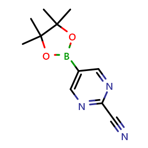 Chemical structure of 5-(tetramethyl-1,3,2-dioxaborolan-2-yl)pyrimidine-2-carbonitrile , CAS 1025708-31-9, AChemBlock S83913