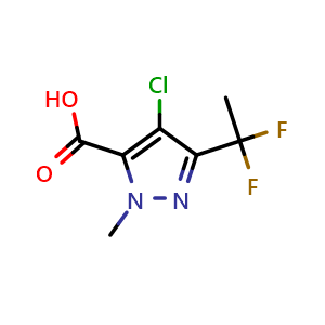 Chemical structure of 4-chloro-5-(1,1-difluoroethyl)-2-methyl-pyrazole-3-carboxylic acid , CAS 1024599-56-1, AChemBlock S83920