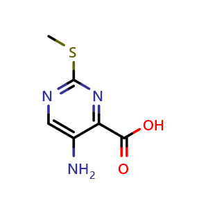 Chemical structure of 5-amino-2-(methylsulfanyl)pyrimidine-4-carboxylic acid , CAS 100130-05-0, AChemBlock S84265