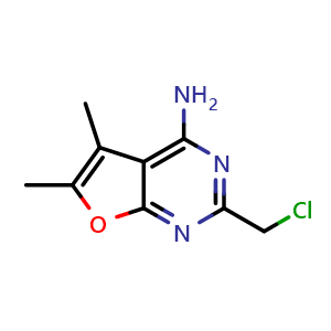 Chemical structure of 2-(chloromethyl)-5,6-dimethylfuro[2,3-d]pyrimidin-4-amine , CAS 1000933-82-3, AChemBlock S84270
