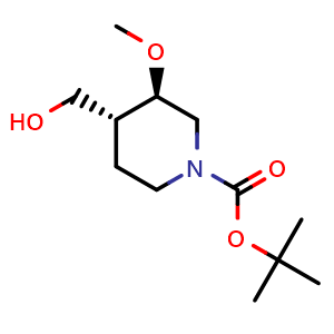 Chemical structure of tert-butyl trans-4-(hydroxymethyl)-3-methoxy-piperidine-1-carboxylate , CAS 2375165-52-7, AChemBlock S84376