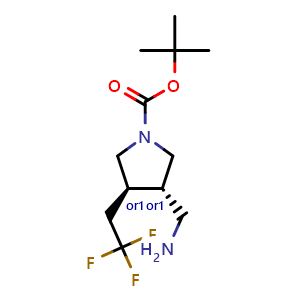 Chemical structure of tert-butyl trans-3-(aminomethyl)-4-(2,2,2-trifluoroethyl)pyrrolidine-1-carboxylate , CAS 2375165-39-0, AChemBlock S84382