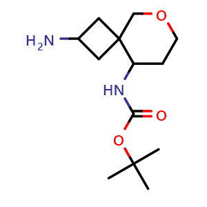Chemical structure of tert-butyl N-(2-amino-6-oxaspiro[3.5]nonan-9-yl)carbamate , CAS 2306264-74-2, AChemBlock S84543
