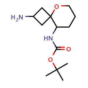Chemical structure of tert-butyl N-(2-amino-5-oxaspiro[3.5]nonan-9-yl)carbamate , CAS 2306263-58-9, AChemBlock S84545