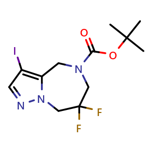 Chemical structure of tert-butyl 7,7-difluoro-3-iodo-6,8-dihydro-4H-pyrazolo[1,5-a][1,4]diazepine-5-carboxylate , CAS 2231441-77-1, AChemBlock S84590