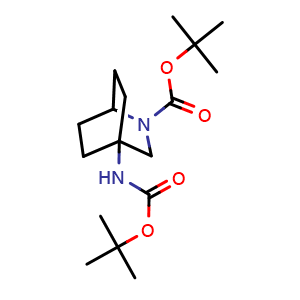 Chemical structure of tert-butyl 4-(tert-butoxycarbonylamino)-2-azabicyclo[2.2.2]octane-2-carboxylate , CAS 2306275-37-4, AChemBlock S84628