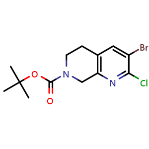 Chemical structure of tert-butyl 3-bromo-2-chloro-5,6,7,8-tetrahydro-1,7-naphthyridine-7-carboxylate , CAS 2306268-82-4, AChemBlock S84642