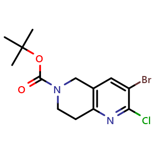 Chemical structure of tert-butyl 3-bromo-2-chloro-5,6,7,8-tetrahydro-1,6-naphthyridine-6-carboxylate , CAS 2306277-84-7, AChemBlock S84643