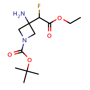 Chemical structure of tert-butyl 3-amino-3-(2-ethoxy-1-fluoro-2-oxo-ethyl)azetidine-1-carboxylate , CAS 2306275-63-6, AChemBlock S84646