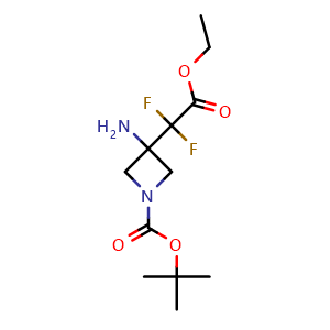 Chemical structure of tert-butyl 3-amino-3-(2-ethoxy-1,1-difluoro-2-oxo-ethyl)azetidine-1-carboxylate , CAS 2306270-00-6, AChemBlock S84647