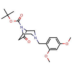 Chemical structure of tert-butyl 3-[(2,4-dimethoxyphenyl)methyl]-6-oxo-3,8-diazabicyclo[3.2.1]octane-8-carboxylate , CAS 2306268-23-3, AChemBlock S84658