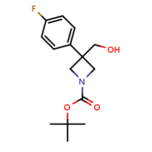 Chemical structure of tert-butyl 3-(4-fluorophenyl)-3-(hydroxymethyl)azetidine-1-carboxylate , CAS 2306262-31-5, AChemBlock S84666