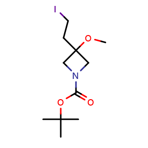 Chemical structure of tert-butyl 3-(2-iodoethyl)-3-methoxy-azetidine-1-carboxylate , CAS 2306271-40-7, AChemBlock S84668