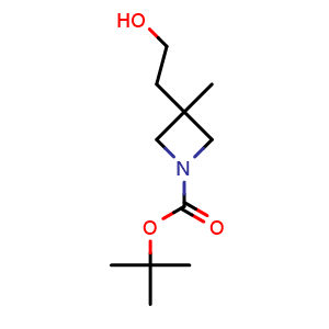 Chemical structure of tert-butyl 3-(2-hydroxyethyl)-3-methyl-azetidine-1-carboxylate , CAS 2306270-35-7, AChemBlock S84669