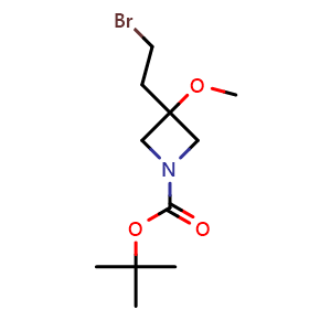 Chemical structure of tert-butyl 3-(2-bromoethyl)-3-methoxy-azetidine-1-carboxylate , CAS 2306275-65-8, AChemBlock S84670