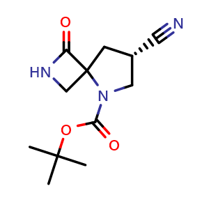 Chemical structure of tert-butyl (7S)-7-cyano-3-oxo-2,5-diazaspiro[3.4]octane-5-carboxylate , CAS 2306259-49-2, AChemBlock S84705