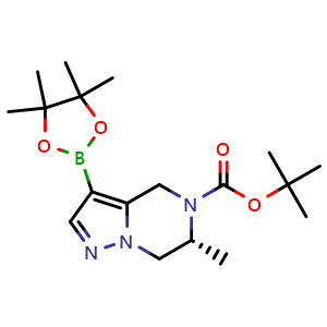 Chemical structure of tert-butyl (6R)-6-methyl-3-(tetramethyl-1,3,2-dioxaborolan-2-yl)-4H,5H,6H,7H-pyrazolo[1,5-a]pyrazine-5-carboxylate , AChemBlock S84715