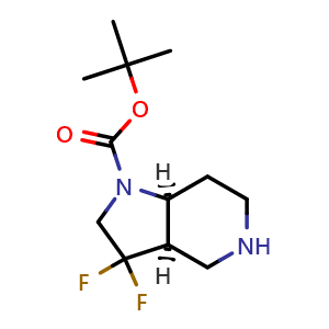 Chemical structure of tert-butyl (3aR,7aS)-rel-3,3-difluoro-3a,4,5,6,7,7a-hexahydro-2H-pyrrolo[3,2-c]pyridine-1-carboxylate , CAS 2306254-27-1, AChemBlock S84770