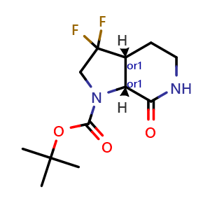 Chemical structure of tert-butyl cis-3,3-difluoro-7-oxo-2,3a,4,5,6,7a-hexahydropyrrolo[2,3-c]pyridine-1-carboxylate , CAS 2306248-55-3, AChemBlock S84772