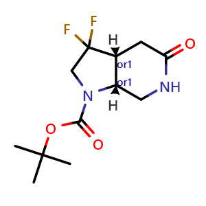 Chemical structure of tert-butyl cis-3,3-difluoro-5-oxo-2,3a,4,6,7,7a-hexahydropyrrolo[2,3-c]pyridine-1-carboxylate , CAS 2306246-32-0, AChemBlock S84773