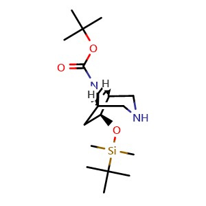 Chemical structure of tert-butyl (1R,5R,6S)-rel-6-[tert-butyl(dimethyl)silyl]oxy-3,8-diazabicyclo[3.2.1]octane-8-carboxylate , CAS 2306248-72-4, AChemBlock S84819