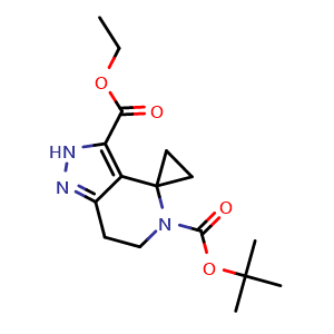 Chemical structure of O5-tert-butyl O3-ethyl spiro[6,7-dihydro-2H-pyrazolo[4,3-c]pyridine-4,1'-cyclopropane]-3,5-dicarboxylate , CAS 2306262-52-0, AChemBlock S84845