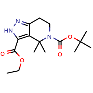 Chemical structure of O5-tert-butyl O3-ethyl 4,4-dimethyl-6,7-dihydro-2H-pyrazolo[4,3-c]pyridine-3,5-dicarboxylate , CAS 2306265-45-0, AChemBlock S84850
