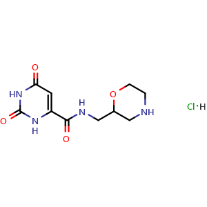Chemical structure of N-(morpholin-2-ylmethyl)-2,4-dioxo-1H-pyrimidine-6-carboxamide hydrochloride , CAS 2306261-15-2, AChemBlock S84872