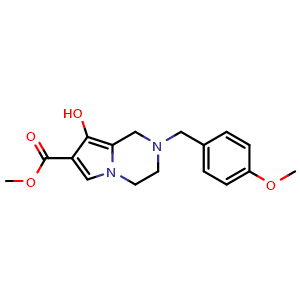 Chemical structure of methyl 8-hydroxy-2-[(4-methoxyphenyl)methyl]-3,4-dihydro-1H-pyrrolo[1,2-a]pyrazine-7-carboxylate , CAS 2306265-47-2, AChemBlock S84885