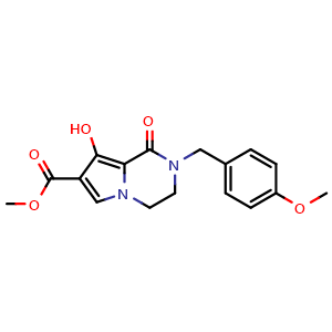 Chemical structure of methyl 8-hydroxy-2-[(4-methoxyphenyl)methyl]-1-oxo-3,4-dihydropyrrolo[1,2-a]pyrazine-7-carboxylate , CAS 2306268-97-1, AChemBlock S84886