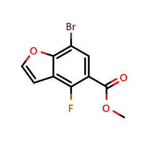 Chemical structure of methyl 7-bromo-4-fluoro-benzofuran-5-carboxylate , CAS 2306264-86-6, AChemBlock S84889