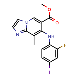 Chemical structure of methyl 7-(2-fluoro-4-iodo-anilino)-8-methyl-imidazo[1,2-a]pyridine-6-carboxylate , CAS 2306264-81-1, AChemBlock S84892