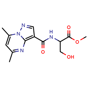 Chemical structure of methyl 2-({5,7-dimethylpyrazolo[1,5-a]pyrimidin-3-yl}formamido)-3-hydroxypropanoate , CAS 1485818-04-9, AChemBlock S84956