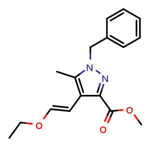 Chemical structure of methyl 1-benzyl-4-(2-ethoxyvinyl)-5-methyl-pyrazole-3-carboxylate , CAS 2306256-65-3, AChemBlock S84959