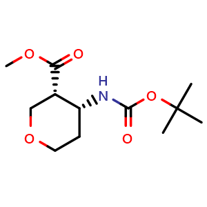 Chemical structure of methyl (3R,4R)-4-(tert-butoxycarbonylamino)tetrahydropyran-3-carboxylate , CAS 2281846-51-1, AChemBlock S84979