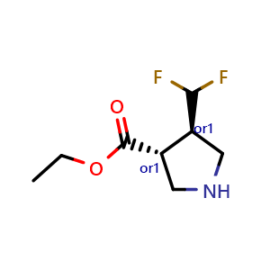 Chemical structure of ethyl trans-4-(difluoromethyl)pyrrolidine-3-carboxylate , CAS 2102411-94-7, AChemBlock S85014