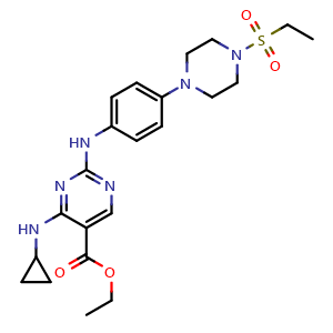 Chemical structure of ethyl 4-(cyclopropylamino)-2-[4-(4-ethylsulfonylpiperazin-1-yl)anilino]pyrimidine-5-carboxylate , CAS 2306277-80-3, AChemBlock S85030