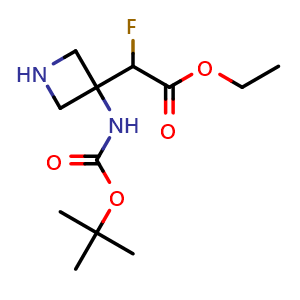 Chemical structure of ethyl 2-[3-(tert-butoxycarbonylamino)azetidin-3-yl]-2-fluoro-acetate , CAS 2306278-40-8, AChemBlock S85039