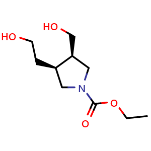 Chemical structure of ethyl (3S,4R)-3-(2-hydroxyethyl)-4-(hydroxymethyl)pyrrolidine-1-carboxylate , CAS 2375165-87-8, AChemBlock S85050