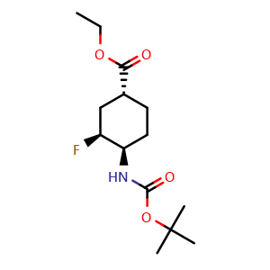 Chemical structure of ethyl (1R,3S,4R)-4-(tert-butoxycarbonylamino)-3-fluoro-cyclohexanecarboxylate , CAS 2306245-41-8, AChemBlock S85062