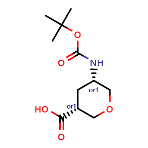Chemical structure of cis-5-{[(tert-butoxy)carbonyl]amino}oxane-3-carboxylic acid , CAS 2306245-63-4, AChemBlock S85079