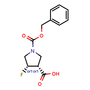 Chemical structure of cis-1-[(benzyloxy)carbonyl]-4-fluoropyrrolidine-3-carboxylic acid , CAS 2454397-64-7, AChemBlock S85101
