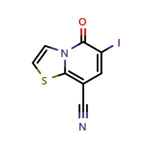 Chemical structure of 6-iodo-5-oxo-thiazolo[3,2-a]pyridine-8-carbonitrile , CAS 2306270-38-0, AChemBlock S85232