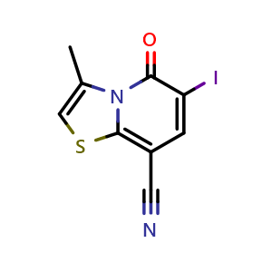 Chemical structure of 6-iodo-3-methyl-5-oxo-thiazolo[3,2-a]pyridine-8-carbonitrile , CAS 2306268-48-2, AChemBlock S85233